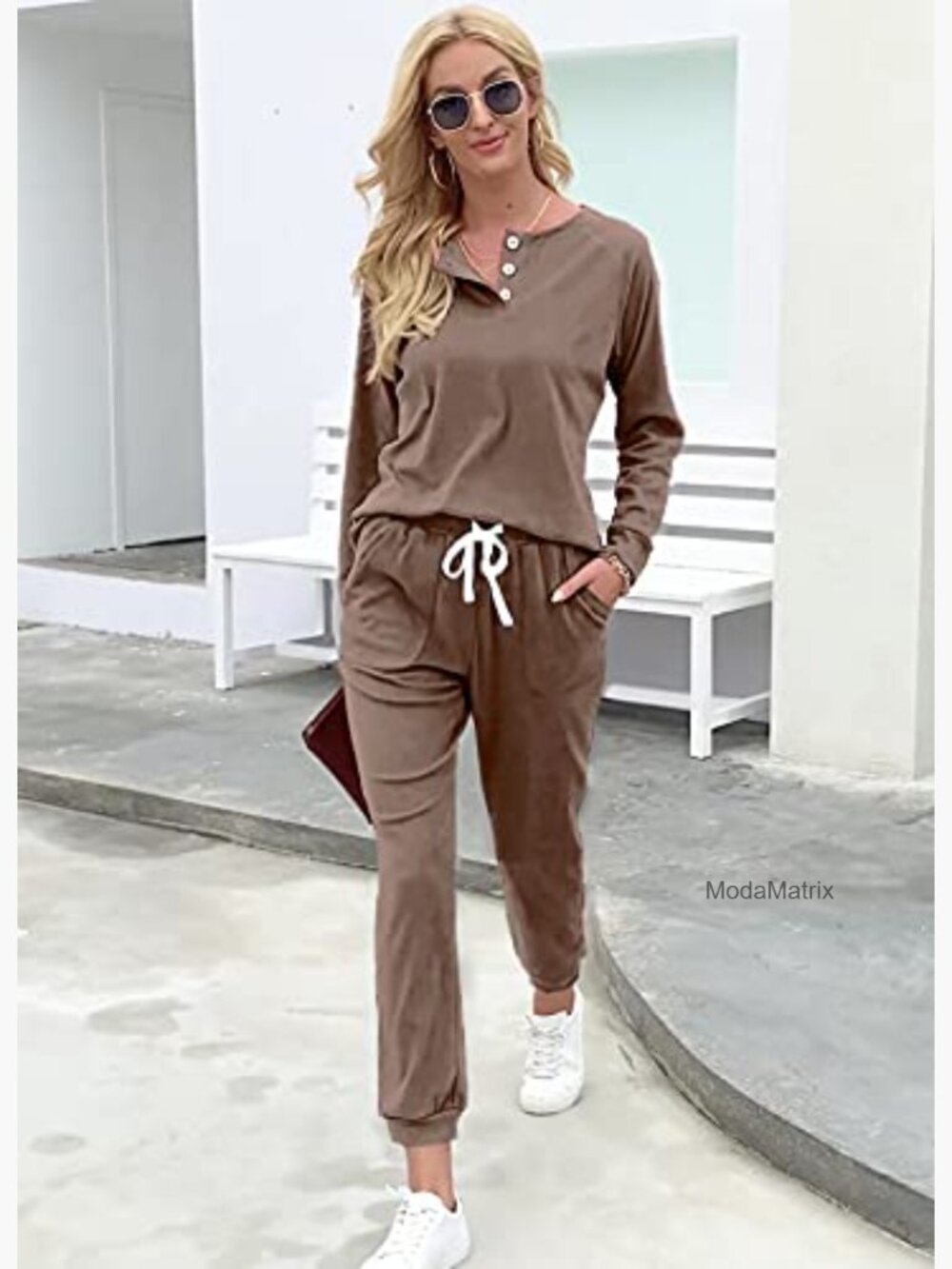 Two Piece Lounge Set Button Down Sweatshirt Sweatpants with Pockets - Picture 3 of 7